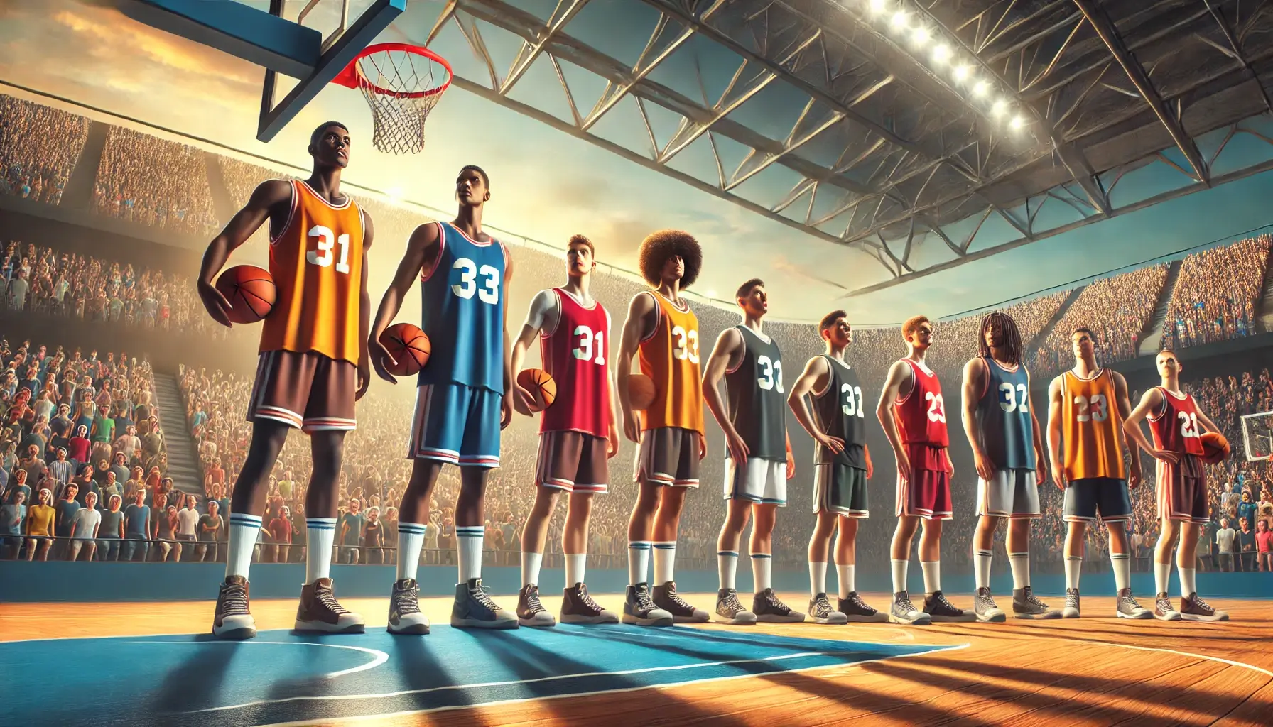 A group of tall basketball players standing on a basketball court