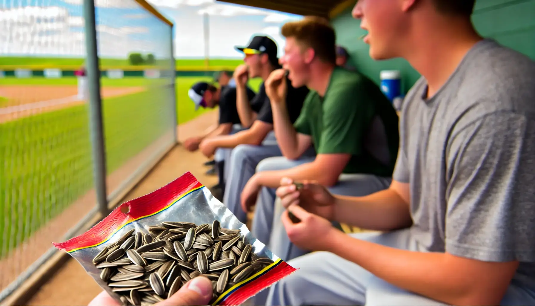 Baseball players in a doubout eating sunflower seeds